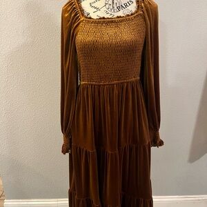 ZESICA Velvet Long Sleeve Square Neck Smocked Ruffle Midi Dress (Caramel, M)